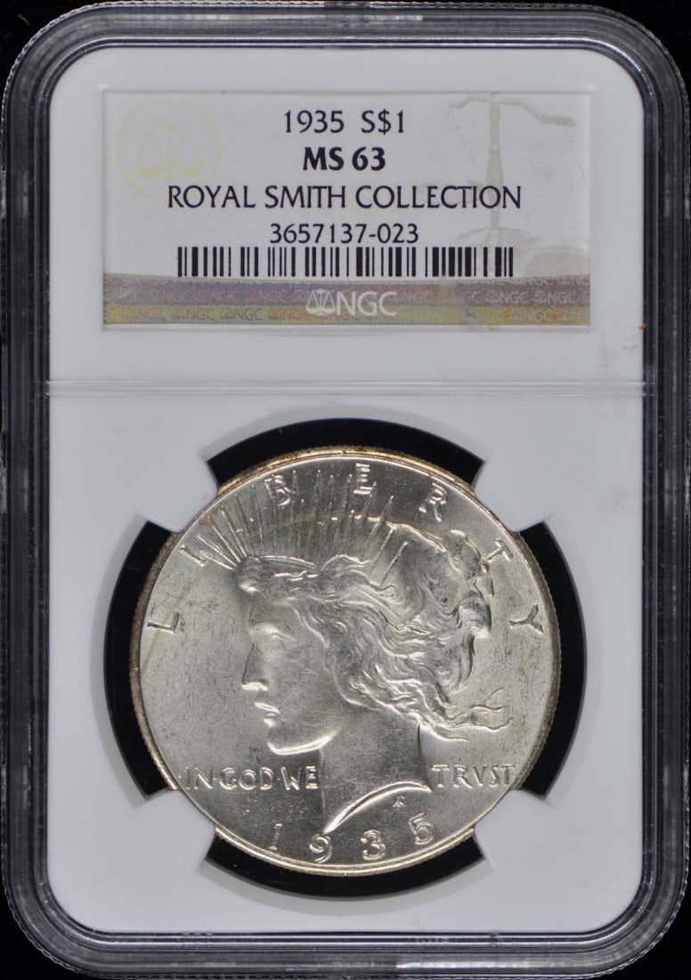NGC MS63 1935 Uncirculated Peace Silver Dollar Coin: NGC MS63 1935 Uncirculated Peace Silver Dollar Coin This 1935 Peace Dollar is a United States coin graded MS63 by NGC. It is uncirculated and was minted in Philadelphia. The coin is pre-owned and come