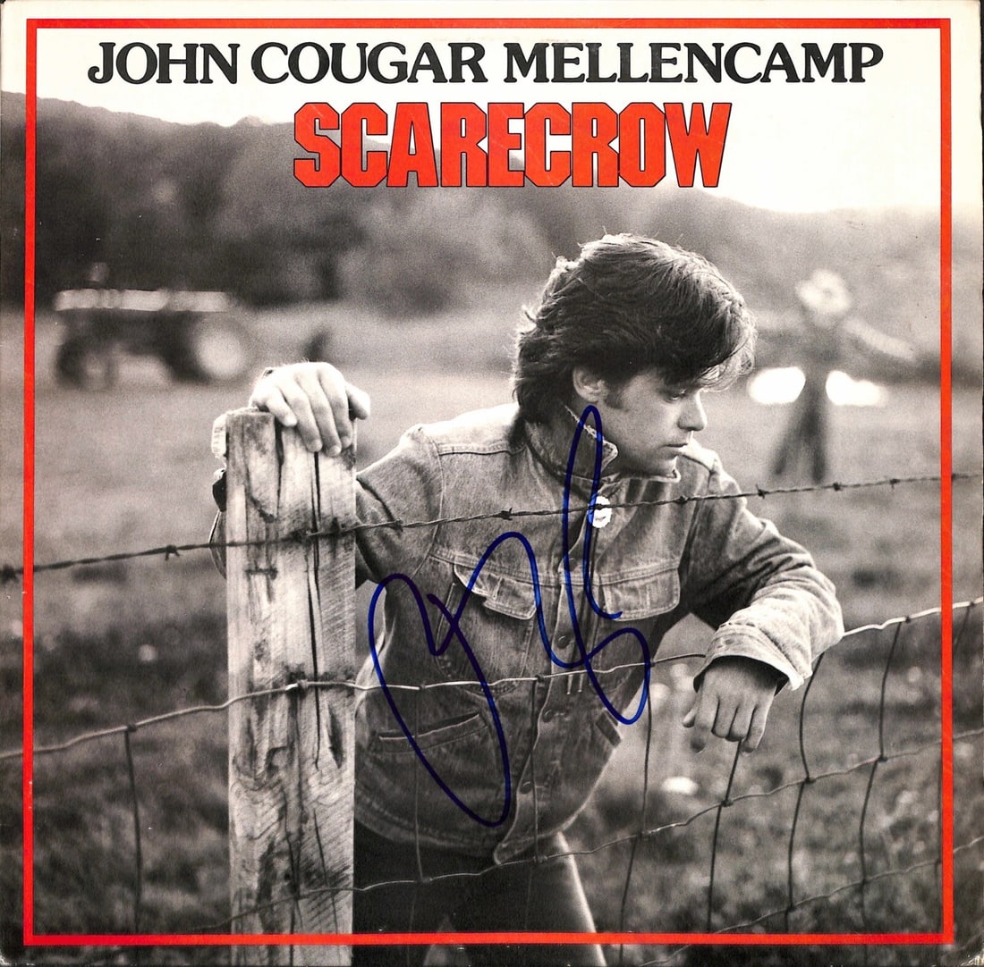 John Cougar Mellencamp Signed Scarecrow Album Cover Beckett Authenticated: John Cougar Mellencamp Signed Scarecrow Album Cover Beckett Authenticated This is an autographed album cover of 'Scarecrow' by John Cougar Mellencamp. The cover is signed in blue permanent marker, sho