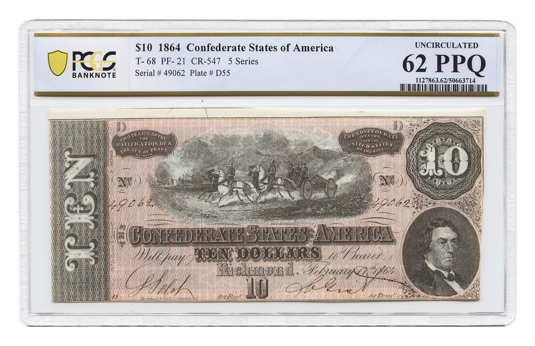 1864 $10 Confederate Note PCGS Uncirculated 62 T-68 Series: 1864 $10 Confederate Note PCGS Uncirculated 62 T-68 Series This 1864 $10 Confederate States of America note is a popular issue from the Civil War era. Graded UNC62 EPQ by PCGS, it is presented in unci