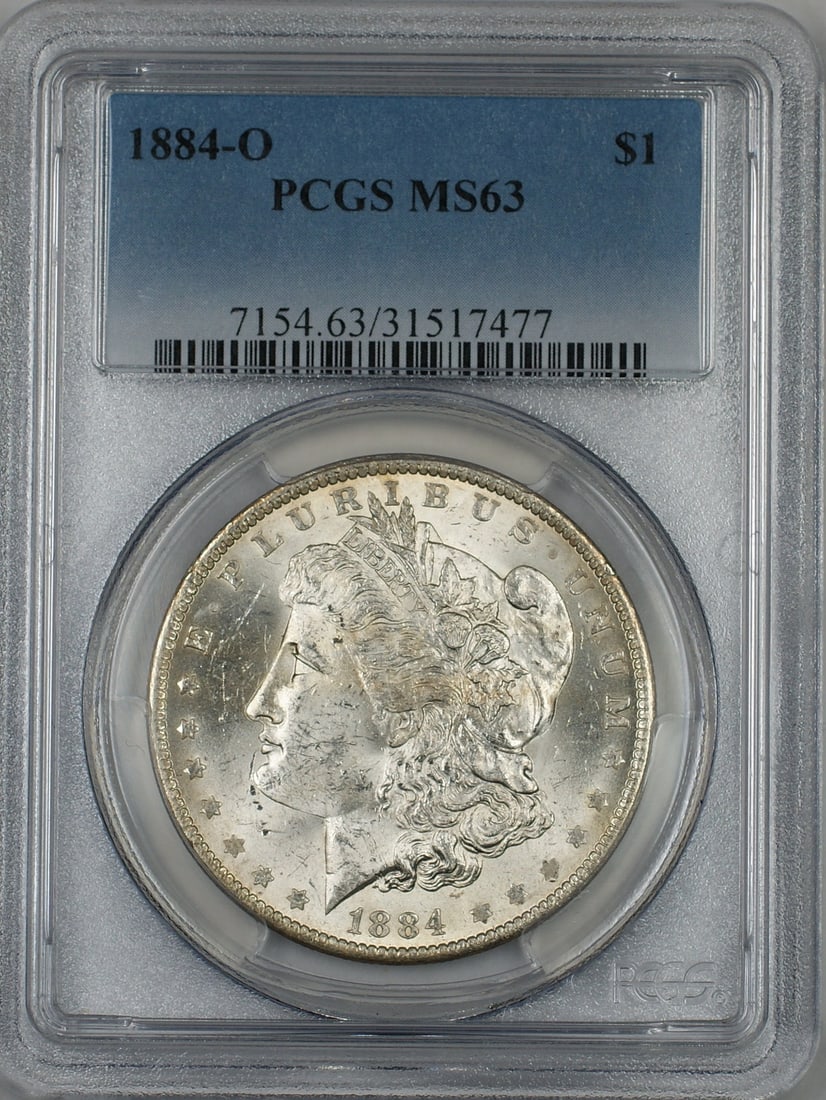 PCGS MS63 1884-O Silver Dollar Uncirculated New Orleans Mint: PCGS MS63 1884-O Silver Dollar Uncirculated New Orleans Mint This is an 1884-O Morgan Silver Dollar $1 coin, certified by PCGS with a grade of MS 63. Minted in New Orleans, this uncirculated coin is c