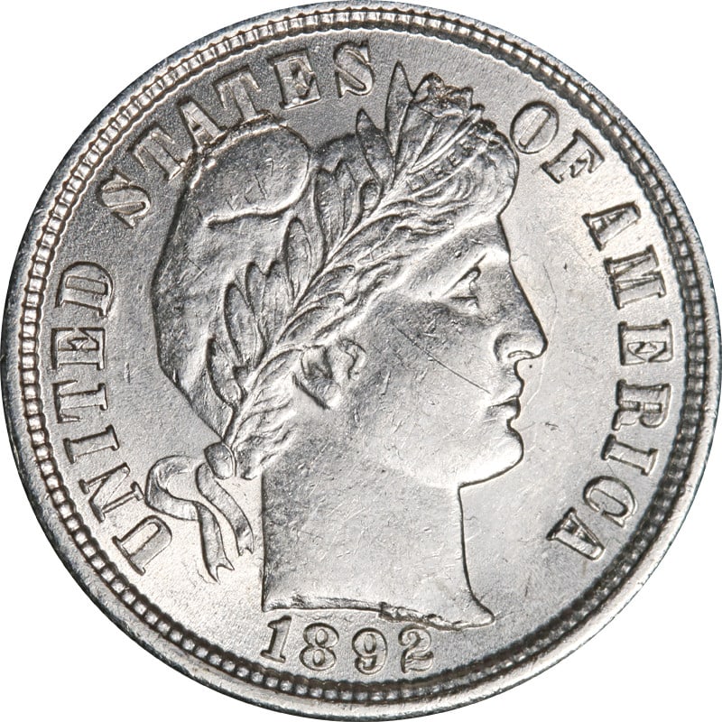 1892 Silver Dime United States Barber Series Philadelphia Mint: 1892 Silver Dime United States Barber Series Philadelphia Mint This 1892-P Barber Dime is a circulated pre-owned coin from the United States, minted in Philadelphia. It is composed of silver with a fi