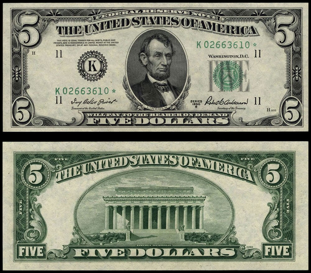 1950-B $5 Dallas Federal Reserve Note Gem CU Star: 1950-B $5 Dallas Federal Reserve Note Gem CU Star This 1950-B Federal Reserve Note, denomination $5, features the K* serial number from the Dallas district. It is graded as Gem CU, indicating its supe