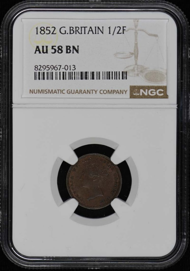NGC AU58 1852 United Kingdom Half Farthing Certified Coin: NGC AU58 1852 United Kingdom Half Farthing Certified Coin This is an 1852 Great Britain half farthing coin, certified by NGC with a grade of AU58BN. The coin is circulated and originates from the Unit