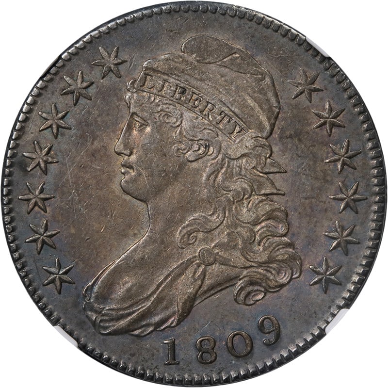 1809 Bust Half Dollar III Edge NGC AU53 Silver Coin: 1809 Bust Half Dollar III Edge NGC AU53 Silver Coin This 1809 Bust Half Dollar is a stunning piece with excellent eye appeal and a remarkable strike. Graded AU53 by NGC, it features a beautiful silver