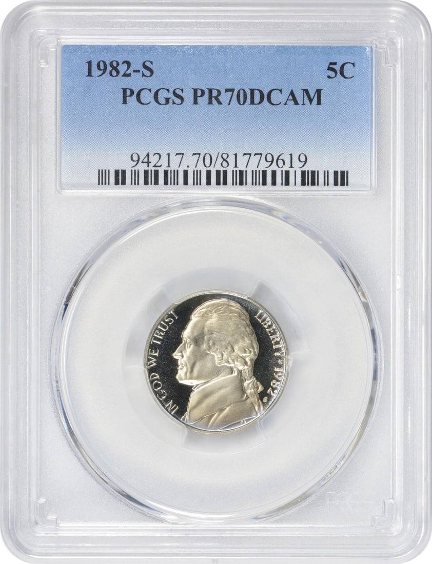 1982-S Jefferson Nickel PR70DCAM PCGS Uncirculated San Francisco Mint: 1982-S Jefferson Nickel PR70DCAM PCGS Uncirculated San Francisco Mint This 1982-S Jefferson Nickel is a stunning example of numismatic artistry, graded PR70DCAM by PCGS, representing the pinnacle of p
