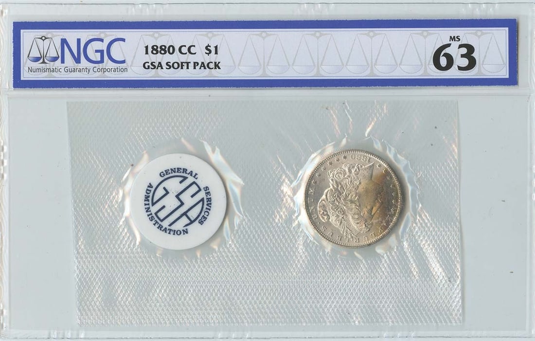 NGC MS63 1880 Carson City Morgan Dollar GSA Soft Pack Silver Coin: NGC MS63 1880 Carson City Morgan Dollar GSA Soft Pack Silver Coin This is an 1880-CC Morgan Dollar presented in a GSA Soft Pack. Certified by NGC with a grade of MS63, this uncirculated coin features 