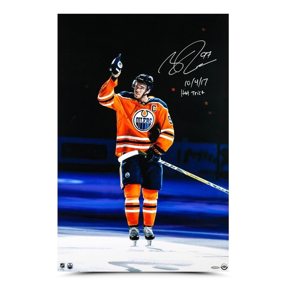Connor McDavid Signed 20x30 Photo Opening Night Hat Trick Upper Deck Authenticated: Connor McDavid Signed 20x30 Photo Opening Night Hat Trick Upper Deck Authenticated Celebrate Connor McDavid's incredible performance with this autographed 20X30 photo, capturing his "Opening Night Hat