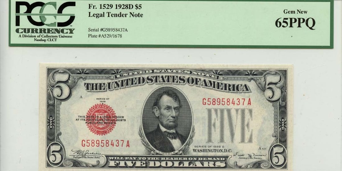 1928D Five Dollar Red Seal Legal Tender Note PCGS Gem 65 PPQ Fr 1529: 1928D Five Dollar Red Seal Legal Tender Note PCGS Gem 65 PPQ Fr 1529 This is a 1928D $5 Legal Tender Note featuring the red seal and designated as Fr# 1529. The note is certified by PCGS Currency and 