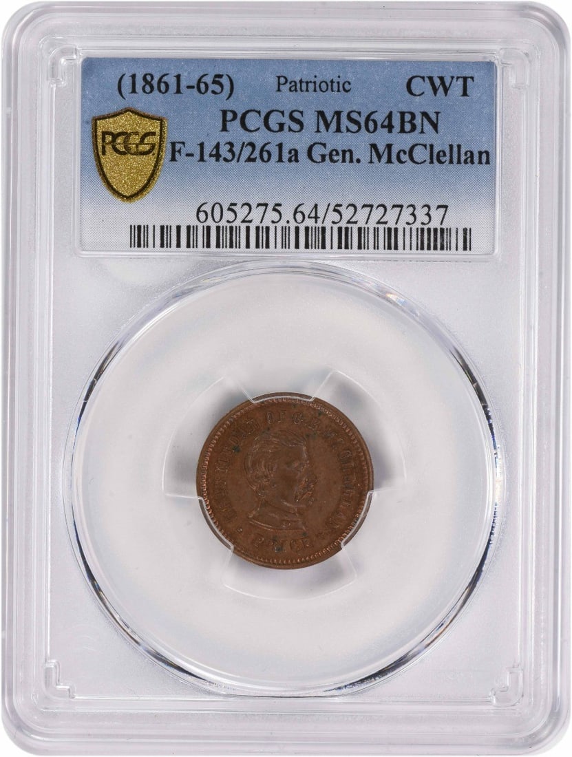 G.B. McClellan Patriotic Civil War Copper Token MS64RB PCGS Certified: G.B. McClellan Patriotic Civil War Copper Token MS64RB PCGS Certified This Civil War token features a patriotic design honoring G.B. McClellan and is identified as 143/261a. Graded MS64RB by PCGS, the