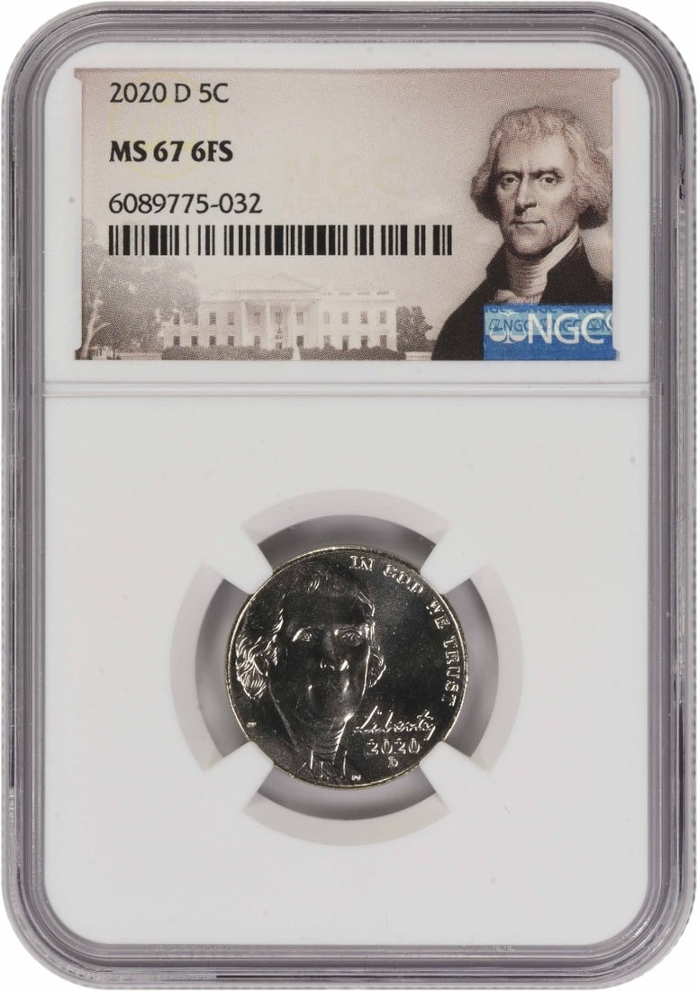 NGC MS67 2020 Denver Jefferson Nickel 6 Full Steps: NGC MS67 2020 Denver Jefferson Nickel 6 Full Steps This is a 2020-D Jefferson Nickel graded MS67 with 6 Full Steps (6FS) by NGC. The coin is uncirculated and features a composition of 75% copper and 2
