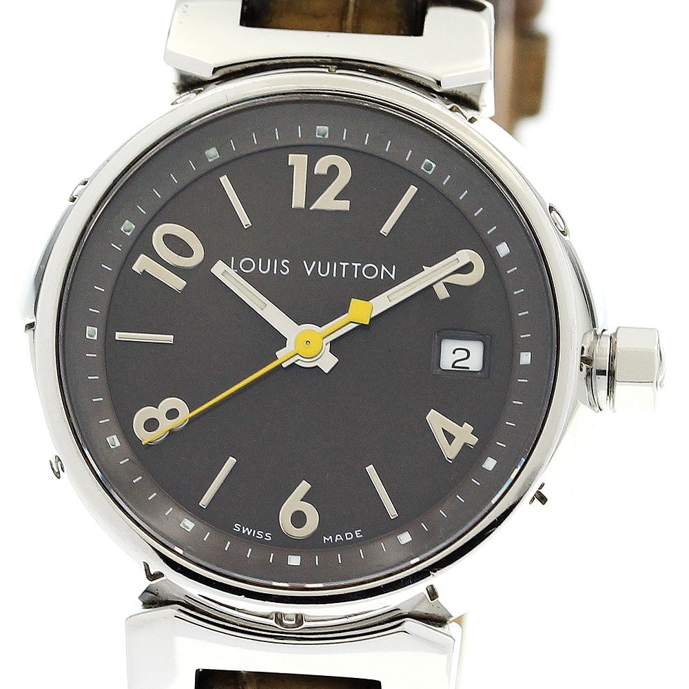 Louis Vuitton Tambour Q1211 Quartz Date Wristwatch: Louis Vuitton Tambour Q1211 Quartz Date Wristwatch This Louis Vuitton Tambour Date Quartz women's wristwatch features a stainless steel case paired with a brown leather band. The watch is equipped wit