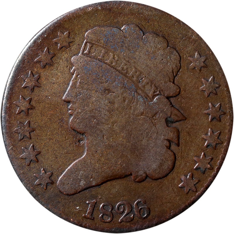 United States 1826 Copper Half Cent Coin Circulated: United States 1826 Copper Half Cent Coin Circulated This 1826 Half Cent from the United States is composed of copper and is in circulated, pre-owned condition. The coin is uncertified. Specifications 