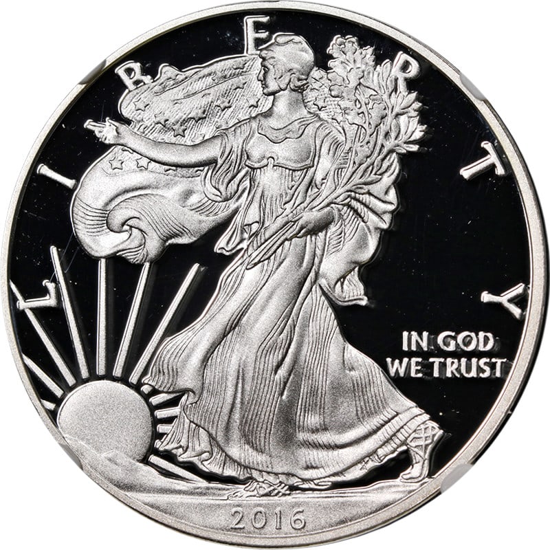 NGC PF70 UCAM 2016-W Silver American Eagle Dollar: NGC PF70 UCAM 2016-W Silver American Eagle Dollar This 2016-W Silver American Eagle $1 coin is certified by NGC with a grade of PF70 Ultra Cameo (UCAM), indicating a flawless proof coin. Struck at the