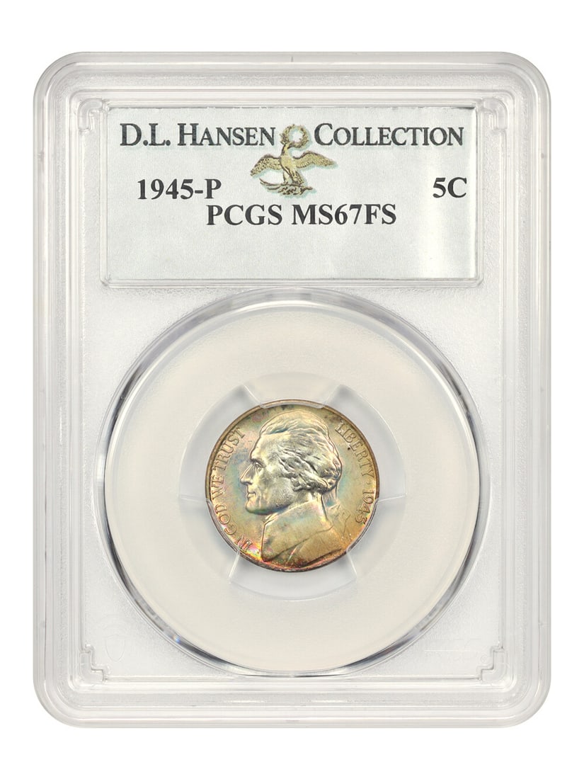 1945-P Jefferson Nickel 5c MS67 FS PCGS Certified Rainbow Tones: 1945-P Jefferson Nickel 5c MS67 FS PCGS Certified Rainbow Tones This 1945-P 5c Jefferson Nickel is graded MS67 by PCGS, showcasing exceptional quality with full strike (FS) designation. Minted in Phil