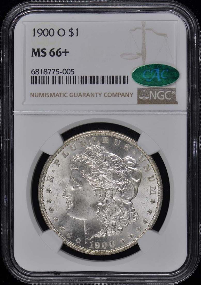 1900-O Morgan Dollar NGC MS66+ CAC Uncirculated Coin: 1900-O Morgan Dollar NGC MS66+ CAC Uncirculated Coin This stunning 1900-O Morgan Dollar is certified by NGC with a remarkable grade of MS66+, signifying its uncirculated condition. Minted in New Orlea