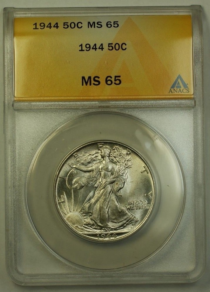 1944 Liberty Walking Half Dollar Silver 50C ANACS MS 65 Philadelphia Mint: 1944 Liberty Walking Half Dollar Silver 50C ANACS MS 65 Philadelphia Mint This 1944 US Walking Liberty Half Dollar is composed of silver and was minted in Philadelphia. The coin is certified by ANACS 