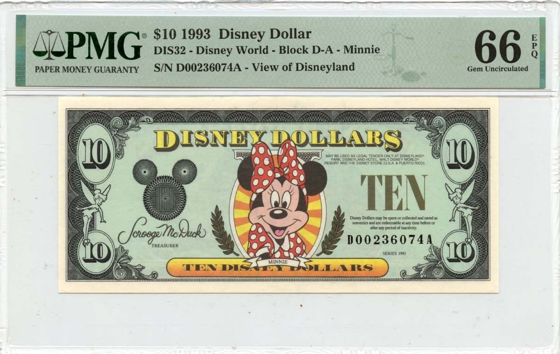 Disney Dollar 1993 $10 Minnie Mouse PMG MS66 Certified Note (1 of 2)