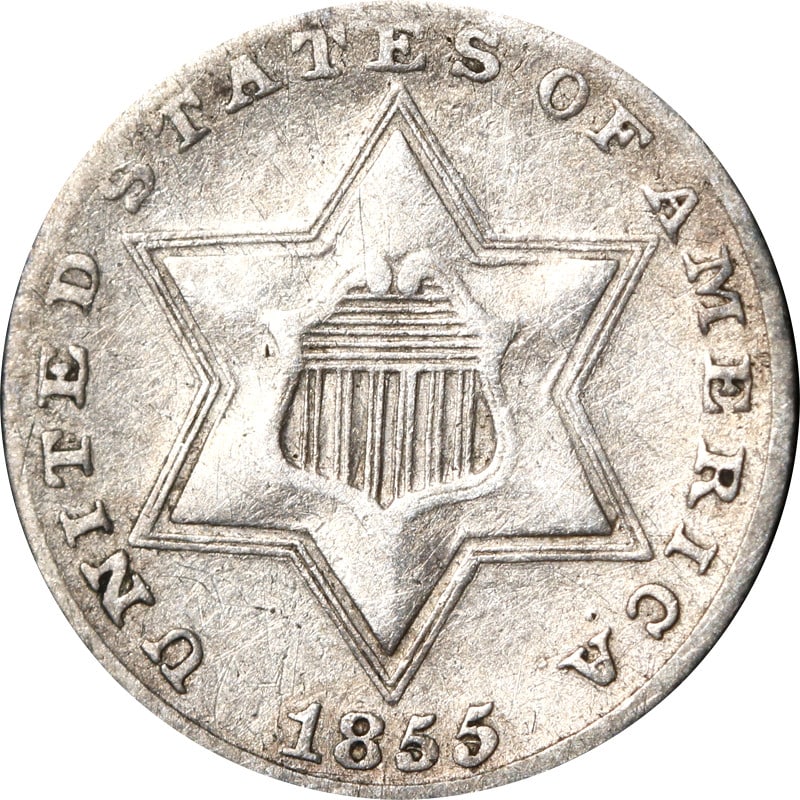 1855 United States 3 Cent Silver Coin: 1855 United States 3 Cent Silver Coin This is an 1855 Three Cent Silver coin from the United States. Composed of 90% silver, this pre-owned coin is in circulated condition and is uncertified. Specific