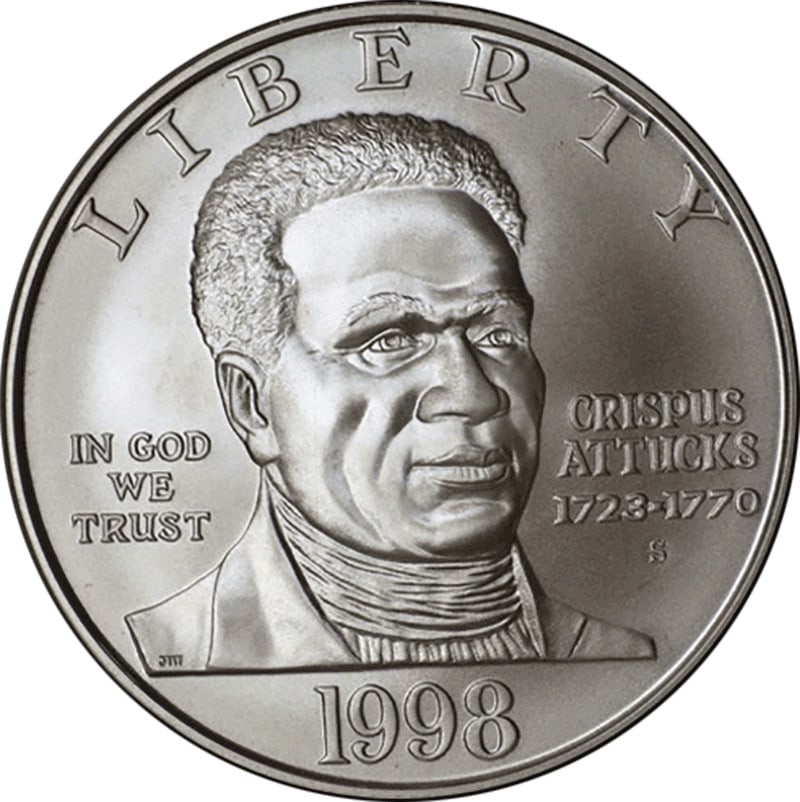 1998-S Black Patriots Commemorative Silver Dollar NGC MS69: 1998-S Black Patriots Commemorative Silver Dollar NGC MS69 This 1998-S Black Patriots Commemorative Silver Dollar is a collector's gem, graded MS69 by NGC. Minted in San Francisco, this coin features 
