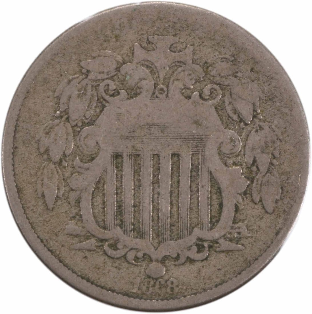 1868 Shield Nickel DDO FS-106 Good Grade Uncertified: 1868 Shield Nickel DDO FS-106 Good Grade Uncertified This 1868 Shield Nickel features the DDO FS-106 variety and is graded as Good (G). The coin is circulated and uncertified, with a composition of 75