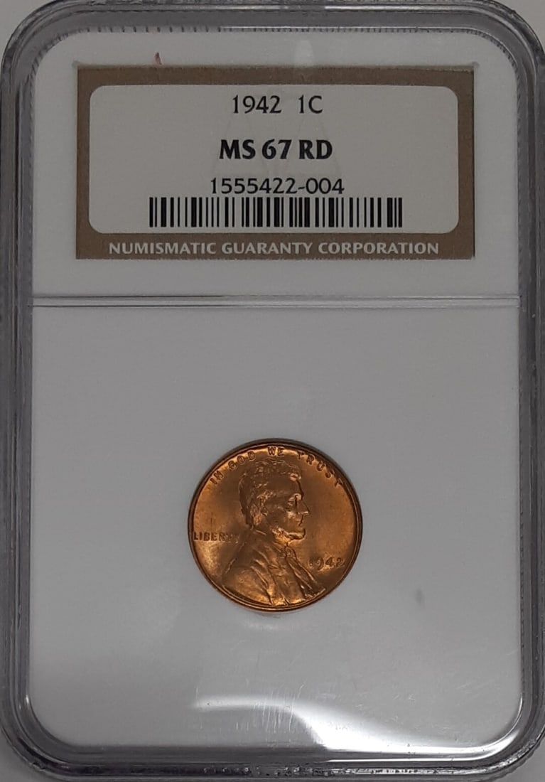 NGC MS 67 Red 1942 Lincoln Wheat Cent Philadelphia Copper Coin: NGC MS 67 Red 1942 Lincoln Wheat Cent Philadelphia Copper Coin This is a 1942 Lincoln Wheat Cent, graded MS-67 Red by NGC. Struck in Philadelphia, this uncirculated small cent is composed of copper an