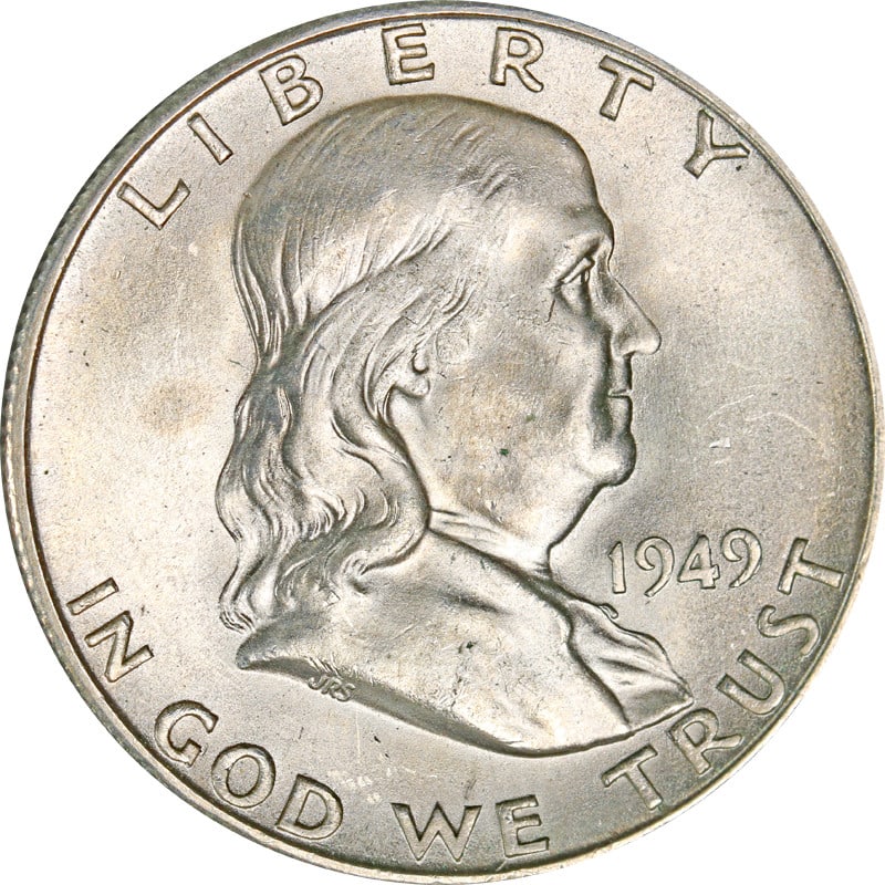 1949-S Franklin Half Dollar Silver Coin Circulated Gem Quality: 1949-S Franklin Half Dollar Silver Coin Circulated Gem Quality This 1949-S Franklin Half Dollar showcases a GEMMY finish, highlighting its exceptional quality and detail. With a composition of 90% sil