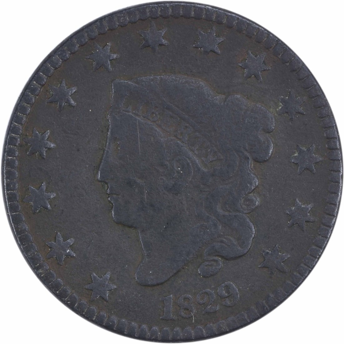 1829 Large Cent Coronet Head Copper Coin VG Uncertified: 1829 Large Cent Coronet Head Copper Coin VG Uncertified This 1829 Large Cent features the classic Coronet Head design by Robert Scot, struck in copper at the Philadelphia mint. It is a circulated coin