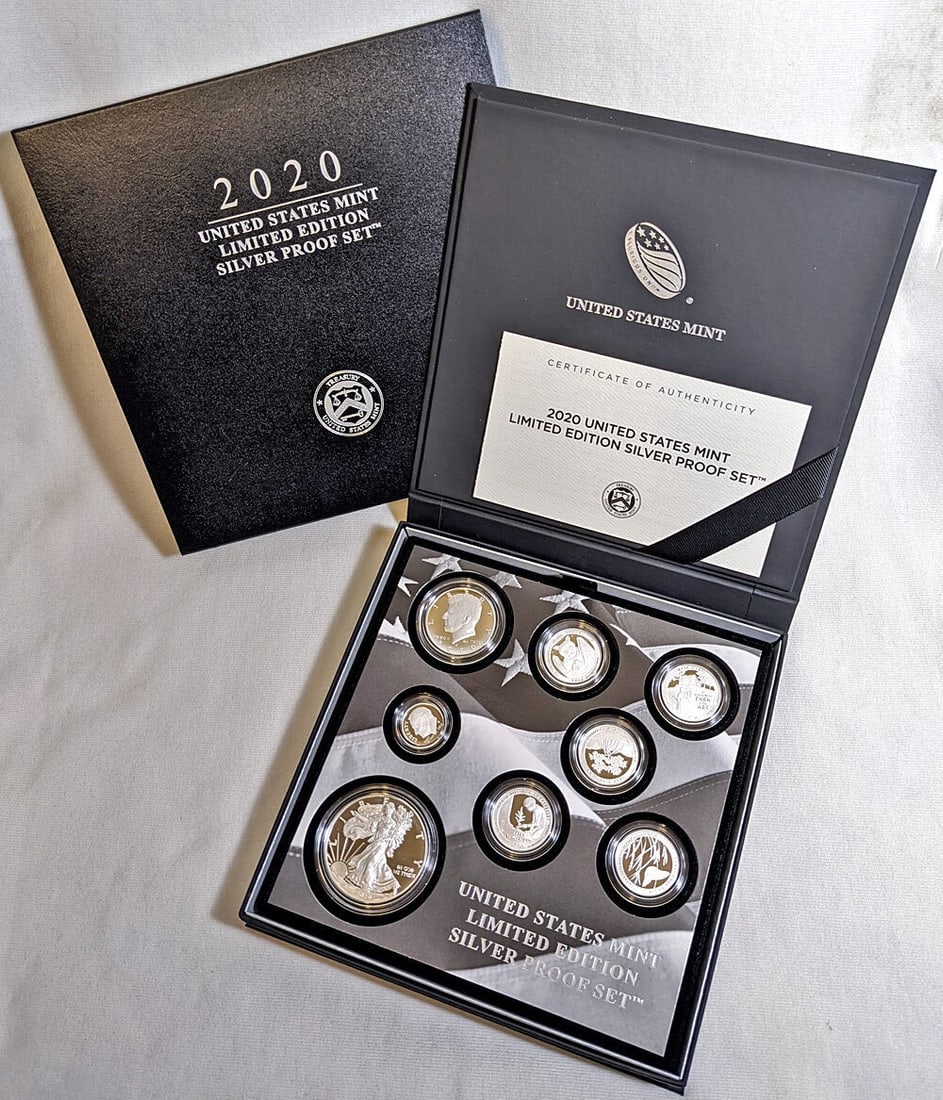 2020 Limited Edition Silver Proof Set With Box Slipcover and COA: 2020 Limited Edition Silver Proof Set With Box Slipcover and COA This original 2020 U.S. Mint Limited Edition Silver Proof Set includes all regular issue silver coins from 2020. The set features a pro