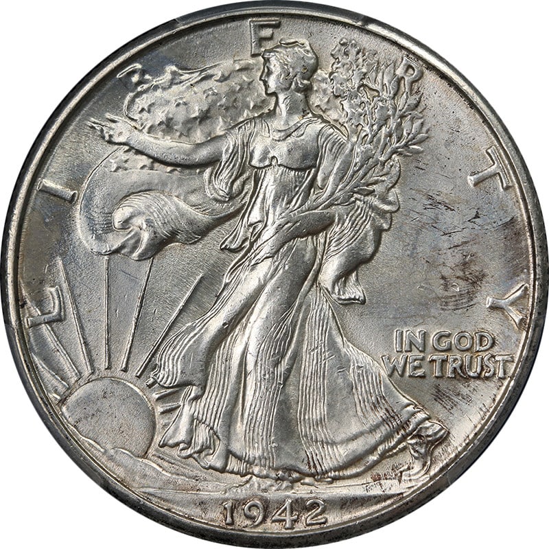 1942-D Walking Liberty Half Dollar PCGS MS64 Uncirculated Silver Coin: 1942-D Walking Liberty Half Dollar PCGS MS64 Uncirculated Silver Coin This 1942-D Walking Liberty Half is a remarkable coin, certified by PCGS with a grade of MS64. It showcases excellent luster and a