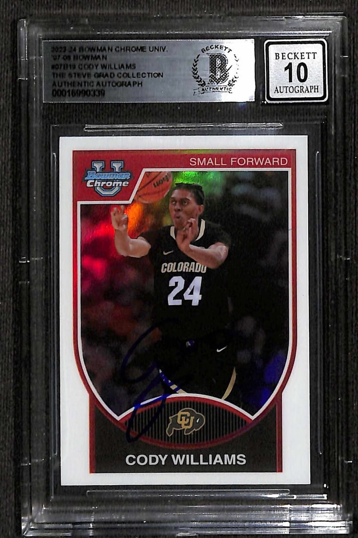 Cody Williams Signed 2023-24 Bowman Chrome University Card Beckett Auto 10: Cody Williams Signed 2023-24 Bowman Chrome University Card Beckett Auto 10 This is an original 2023-24 Bowman Chrome University 07-08 #07B19 sports trading card featuring Cody Williams, small forward 