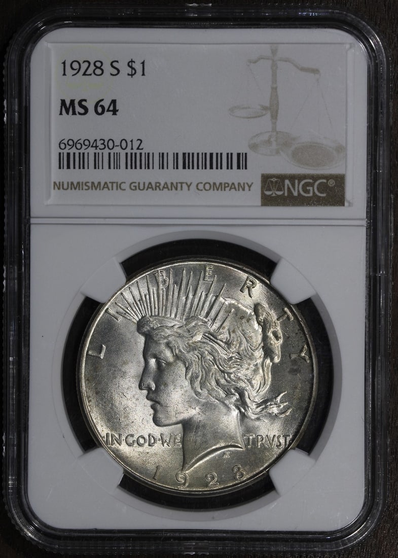 1928-S NGC MS64 Silver Peace Dollar Key Date: 1928-S NGC MS64 Silver Peace Dollar Key Date This 1928-S Peace Dollar is an uncirculated silver coin graded MS64 by NGC. Recognized as a key date in the Peace Dollar series, it was minted in San Franc