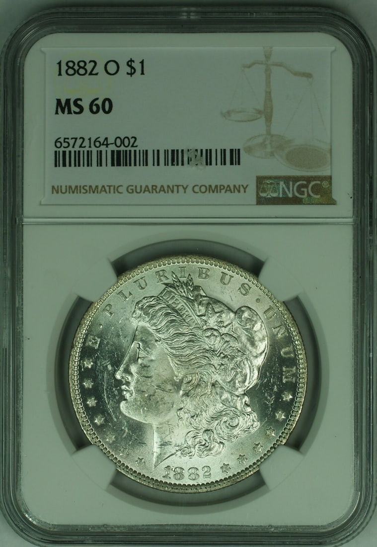 NGC MS-60 1882-O Morgan Dollar Silver United States Coin: NGC MS-60 1882-O Morgan Dollar Silver United States Coin This is an 1882-O Morgan Silver Dollar graded MS-60 by NGC. Struck at the New Orleans Mint, this uncirculated coin is composed of silver and ha