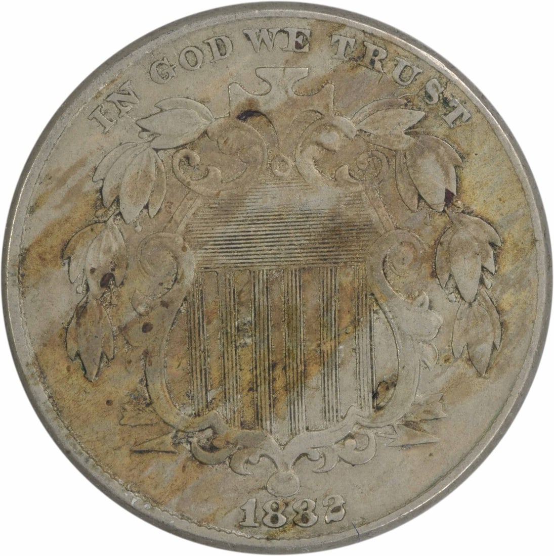 1882 Shield Nickel EF Uncertified 5C Philadelphia Mint: 1882 Shield Nickel EF Uncertified 5C Philadelphia Mint This 1882 Shield Nickel is a remarkable piece of numismatic history, originating from the United States. It features a design by James Barton Lon