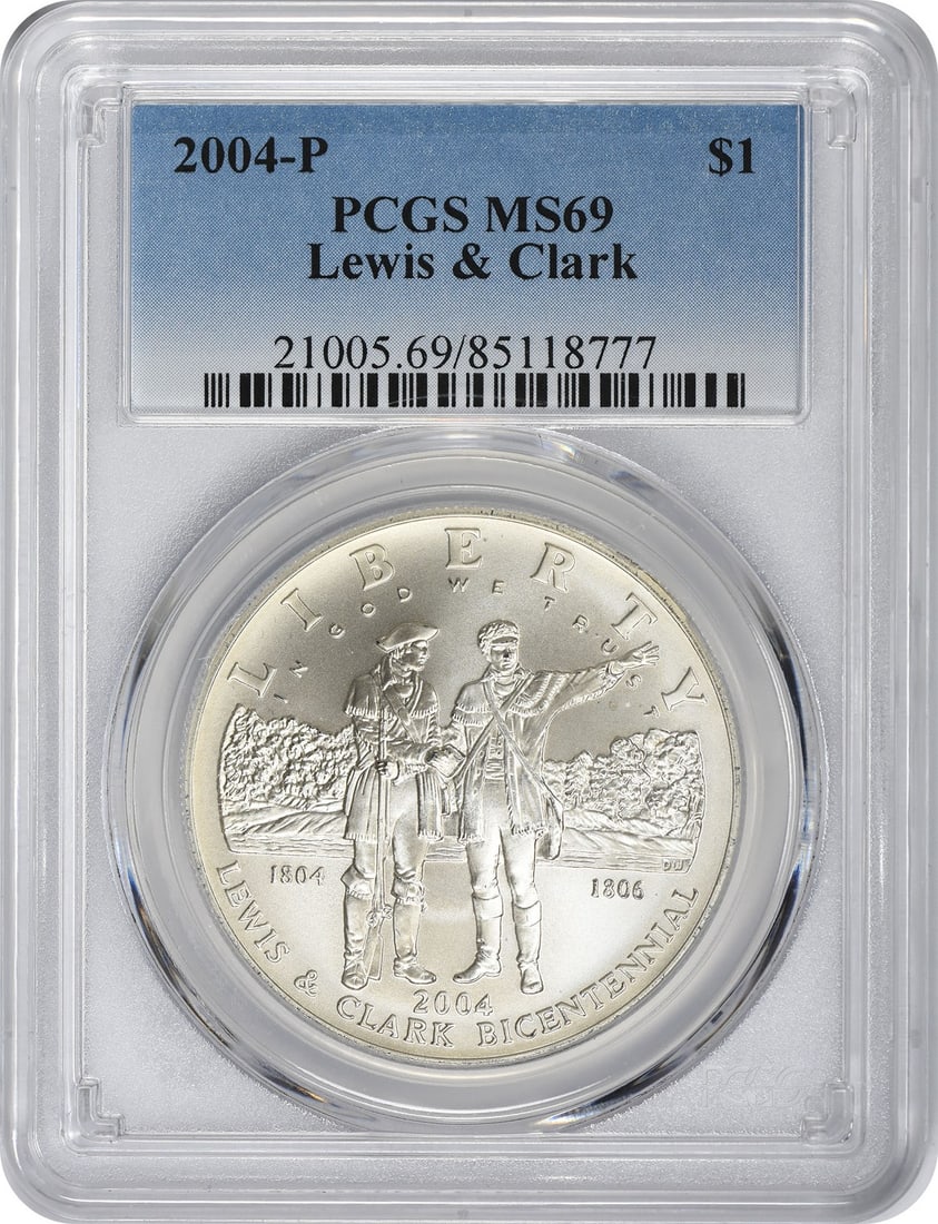 PCGS MS69 2004-P Lewis and Clark Silver Dollar Commemorative: PCGS MS69 2004-P Lewis and Clark Silver Dollar Commemorative This 2004-P Lewis and Clark Silver Commemorative Dollar is graded MS69 by PCGS, indicating it is in near-perfect mint state condition. Stru
