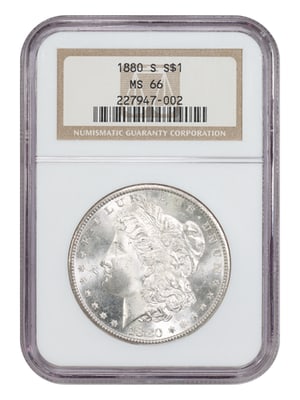 NGC MS66 1880-S Morgan Silver Dollar: NGC MS66 1880-S Morgan Silver Dollar This 1880-S Morgan Dollar is a popular collector's item, recognized for its consistently crisp strike. Graded MS66 by NGC, it represents one of the more common dat