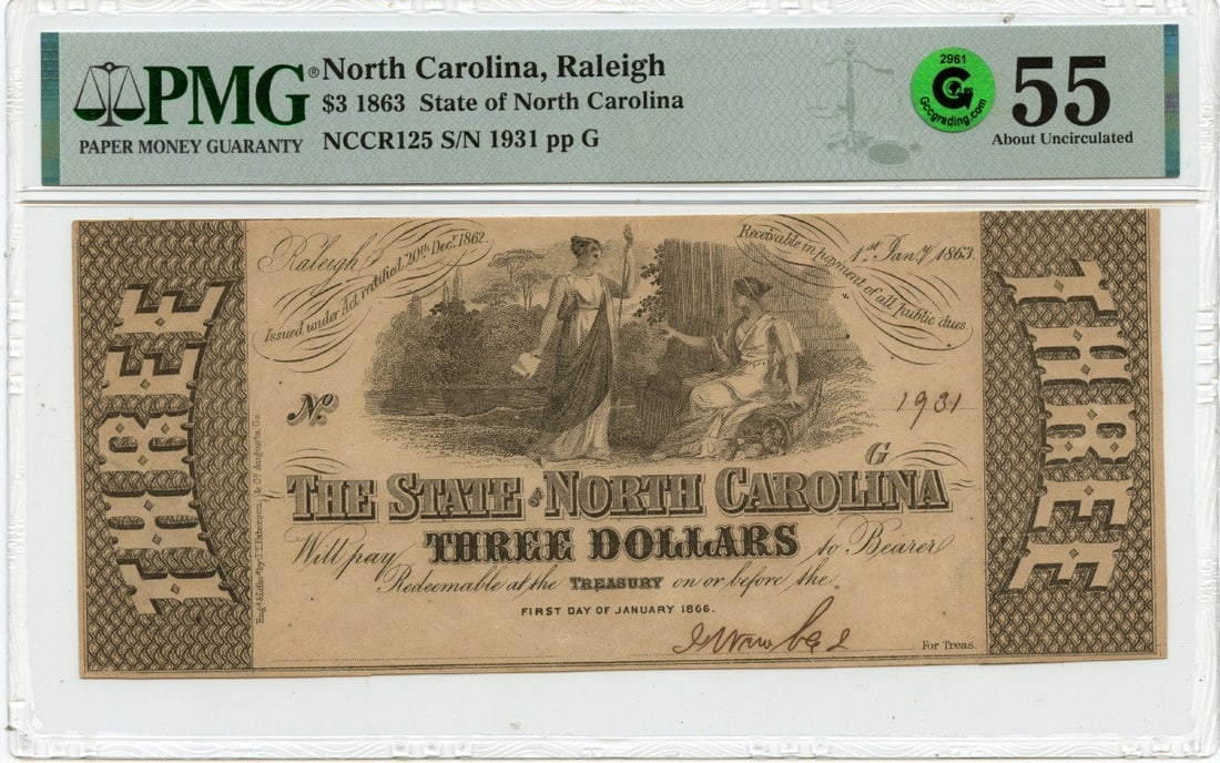 1863 $3 North Carolina Obsolete Note PMG AU55 Certified: 1863 $3 North Carolina Obsolete Note PMG AU55 Certified This is an 1863 $3 North Carolina obsolete note, certified by PMG with a grade of AU55. The note is circulated and shows signs of pre-owned use,