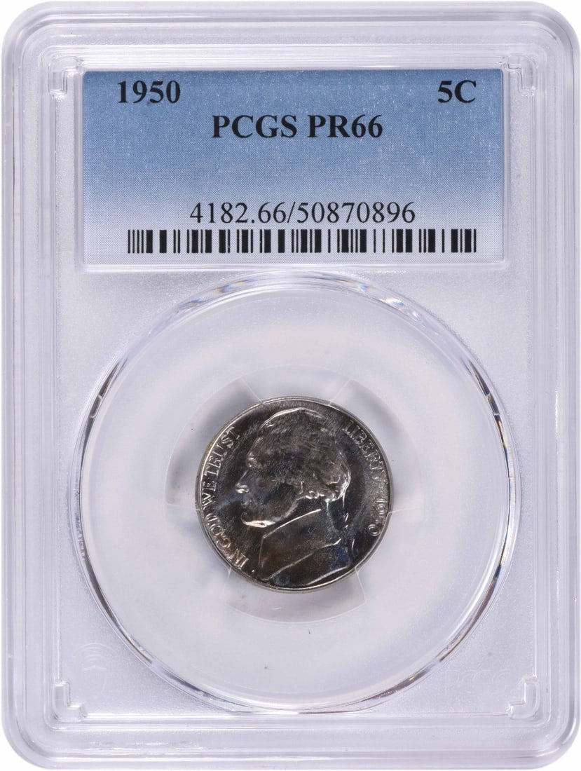 1950 Jefferson Nickel PR66 PCGS Proof Uncirculated Coin: 1950 Jefferson Nickel PR66 PCGS Proof Uncirculated Coin This 1950 Jefferson Nickel is graded PR66 by PCGS, indicating it is in uncirculated condition with a proof strike. The coin features a compositi