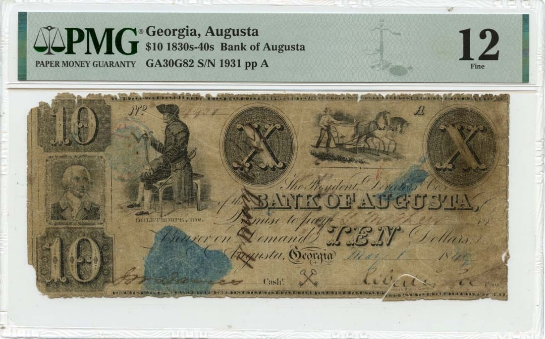 Bank of Augusta 1849 $10 Georgia Obsolete Currency PMG F12 Certified: Bank of Augusta 1849 $10 Georgia Obsolete Currency PMG F12 Certified This is an 1849 $10 obsolete banknote issued by the Bank of Augusta in Augusta, Georgia. The note has been certified by PMG with a 