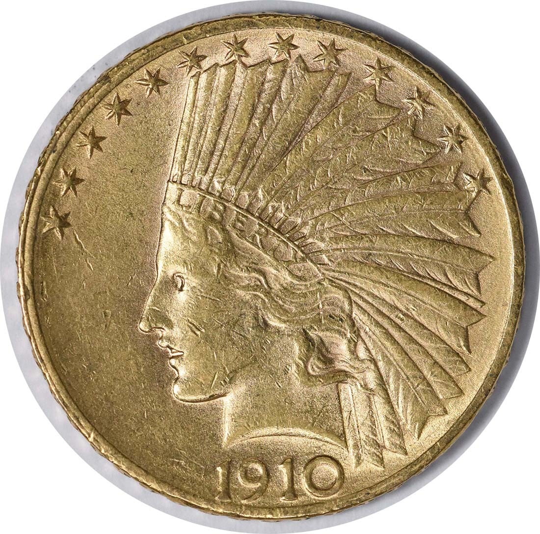 1910-D Denver $10 Indian Head Gold Coin AU Uncertified: 1910-D Denver $10 Indian Head Gold Coin AU Uncertified This 1910-D $10 Gold Indian coin is a circulated example from the Denver Mint, designed by Augustus Saint Gaudens. It features a composition of 9