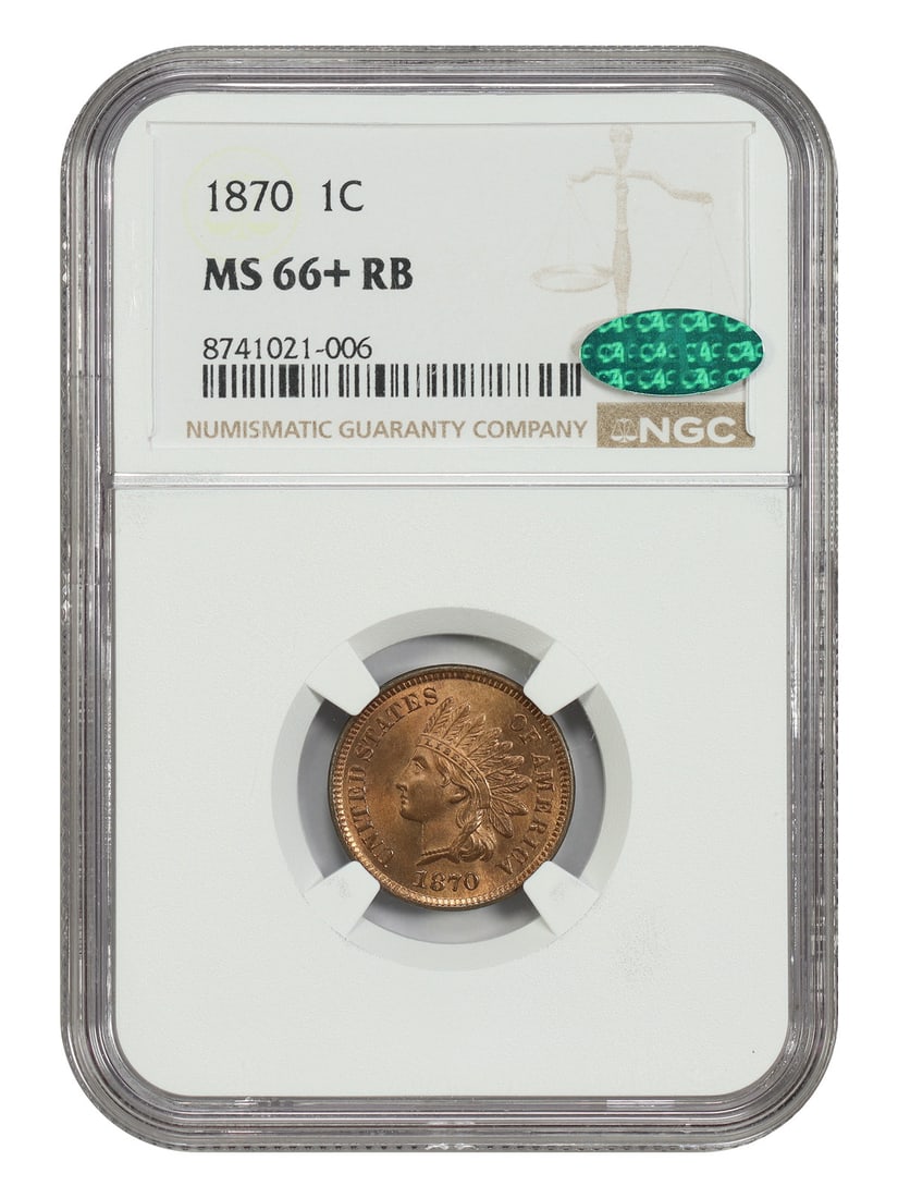 1870 Indian Cent NGC CAC MS66+RB: 1870 Indian Cent NGC CAC MS66+RB This 1870 Indian Cent is a highly desirable piece from the Philadelphia Mint, graded MS66+RB by NGC and approved by CAC. The coin features even tan-red coloring with a