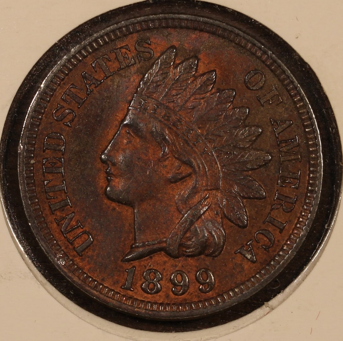 1899 Indian Head Copper Small Cent BU Red Brown: 1899 Indian Head Copper Small Cent BU Red Brown This 1899 Indian Head Cent features attractive red-brown surfaces and is in uncirculated condition. Composed of copper with a fineness of 0.95, this sma