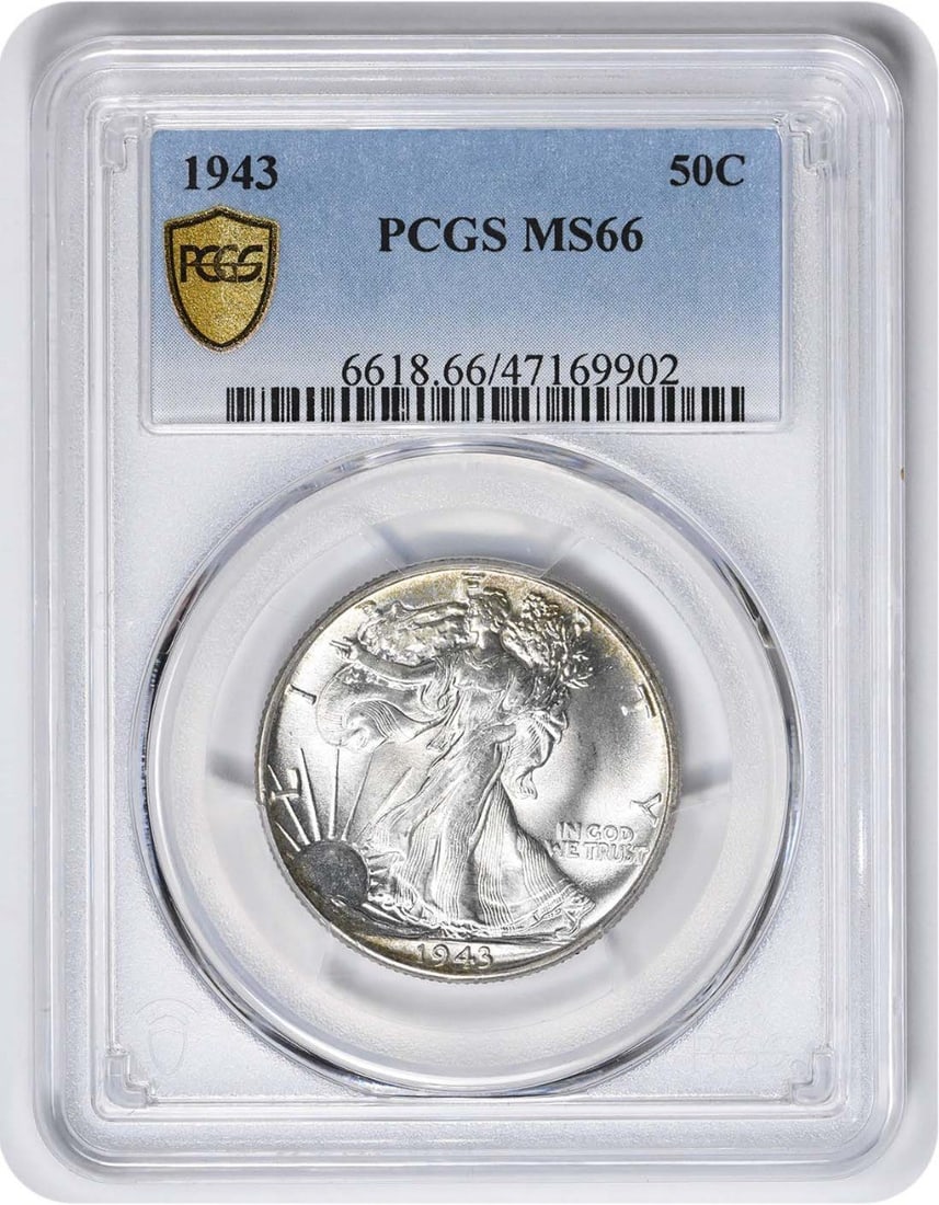 PCGS MS66 1943 Liberty Walking Half Dollar Silver: PCGS MS66 1943 Liberty Walking Half Dollar Silver This 1943 Walking Liberty Half Dollar is an uncirculated coin graded MS66 by PCGS. Struck in silver, it features the iconic Liberty Walking design and