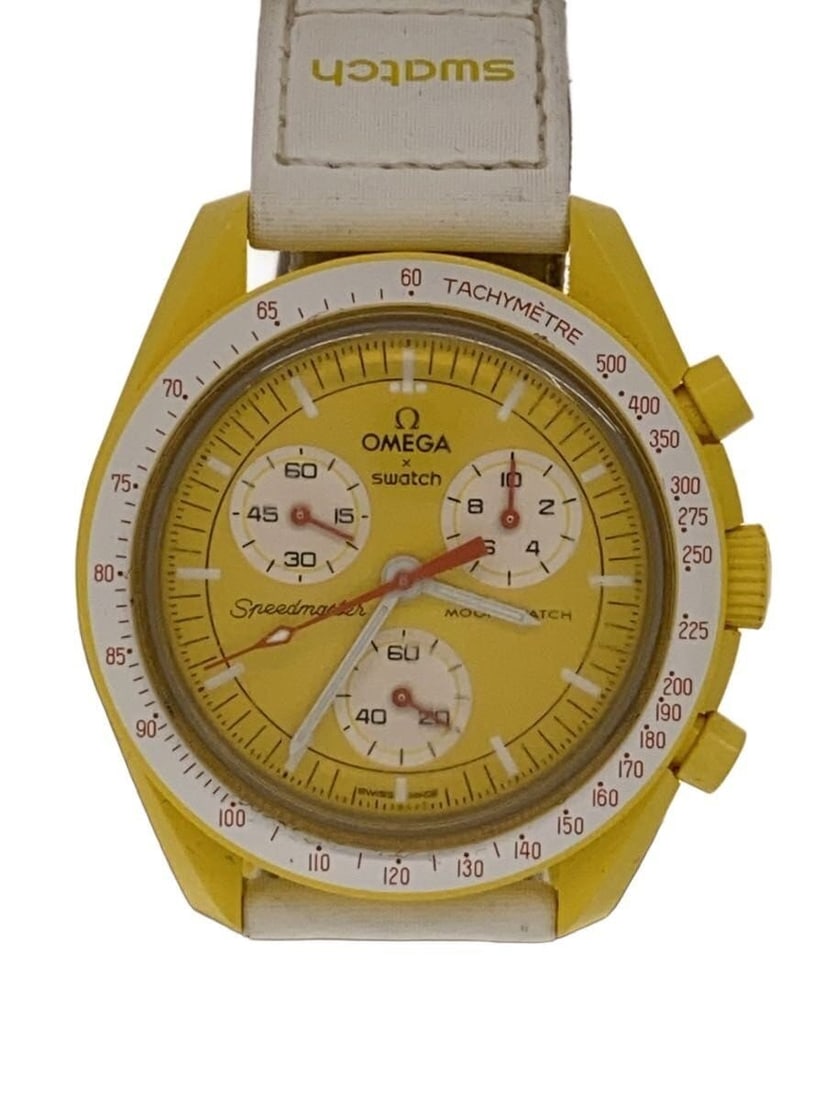 Swatch Omega Mission to the Sun Yellow Quartz Men's Wristwatch: Swatch Omega Mission to the Sun Yellow Quartz Men's Wristwatch This OMEGAxSWATCH Mission to the Sun men's wristwatch features a vibrant yellow color and is crafted in Switzerland. It operates with a q