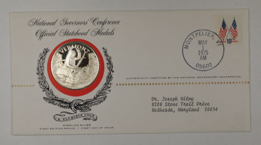 Vermont 1975 Sterling Silver Postmasters of America Franklin Mint Medal: Vermont 1975 Sterling Silver Postmasters of America Franklin Mint Medal This 1975 Postmasters of America commemorative medal honors the State of Vermont. Struck in 0.925 sterling silver by the Frankli