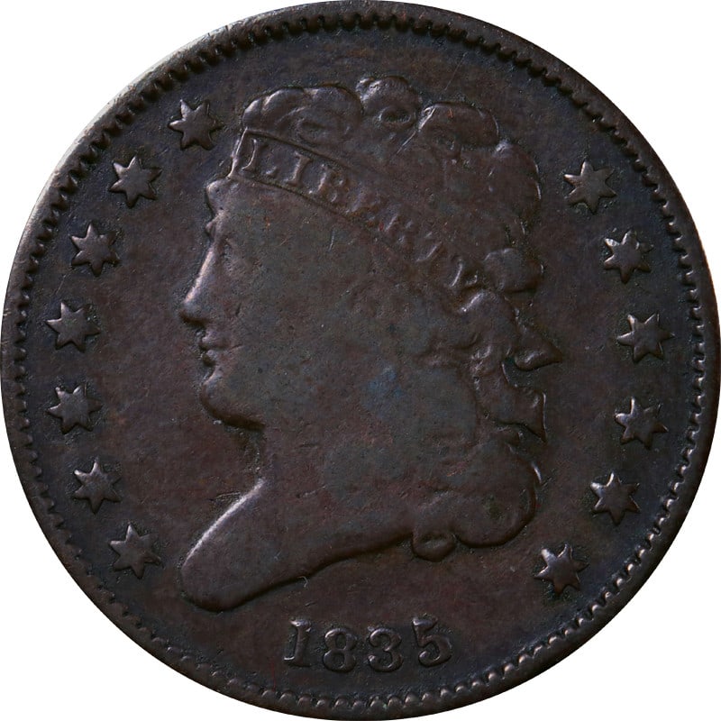 United States 1835 Copper Half Cent Coin Circulated: United States 1835 Copper Half Cent Coin Circulated This is a circulated 1835 Half Cent coin from the United States, composed of copper. The coin is pre-owned and uncertified. Specifications Year: 183
