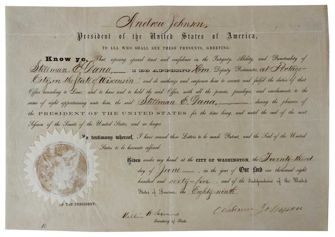 Andrew Johnson Signed 1865 Appointment Document 9.65x13.85 PSA/DNA Certified: Andrew Johnson Signed 1865 Appointment Document 9.65x13.85 PSA/DNA Certified This historic appointment document, measuring 9.65x13.85 inches, is dated June 23, 1865 and features the authentic signatur