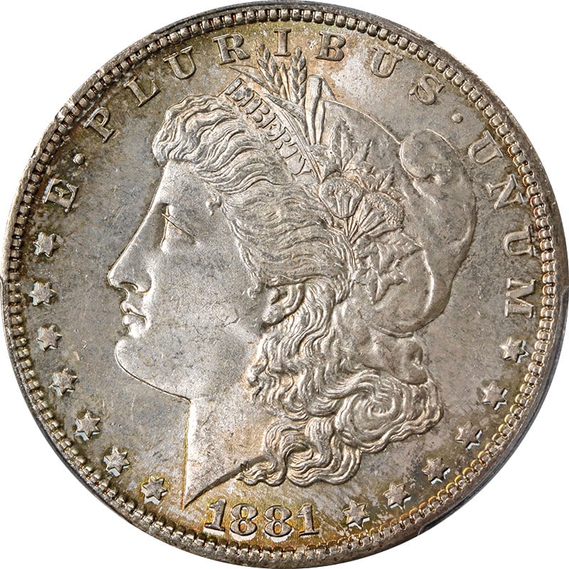 PCGS MS65 1881-S Morgan Dollar with Attractive Toning: PCGS MS65 1881-S Morgan Dollar with Attractive Toning This 1881-S Morgan Silver Dollar is certified by PCGS with a grade of MS65 and features attractive toning. The coin is uncirculated and composed o