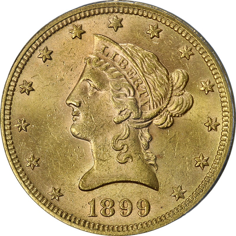 1899 Liberty $10 Gold Coin ANACS MS61 Philadelphia Mint: 1899 Liberty $10 Gold Coin ANACS MS61 Philadelphia Mint This original 1899-P Liberty Gold $10 coin is certified by ANACS with a grade of MS61. It features great eye appeal, attractive luster, and a we