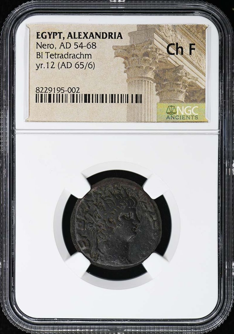NGC Ch F Nero Alexandria Egypt BI Tetradrachm AD 54-68: NGC Ch F Nero Alexandria Egypt BI Tetradrachm AD 54-68 This is a Nero BI Tetradrachm coin from Alexandria, Egypt, dating to AD 54-68. The coin has been graded Choice Fine (Ch F) and certified by NGC. 