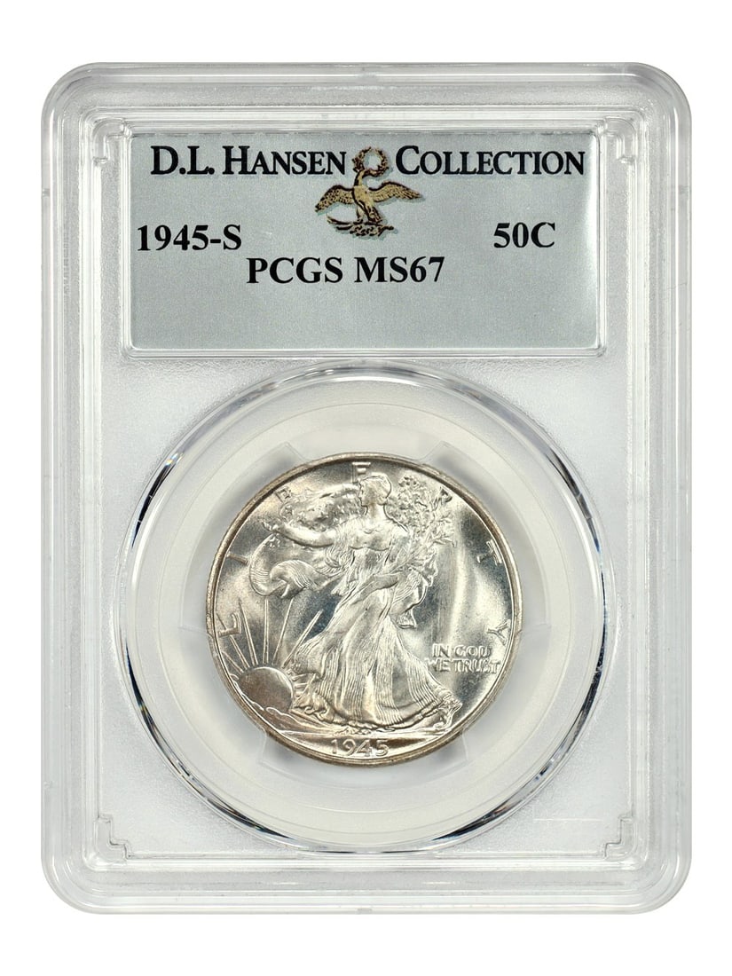 PCGS MS67 1945-S Walking Liberty Half Dollar ex D.L. Hansen: PCGS MS67 1945-S Walking Liberty Half Dollar ex D.L. Hansen This is a 1945-S Walking Liberty Half Dollar graded MS67 by PCGS. The coin is uncirculated and was minted in San Francisco. It features the 